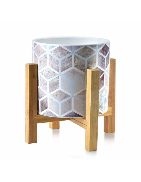Doniczka Ava Honeycomb Grey Stones Zdobiona, wykonana z ceramiki, stojak drewniany, wysokość całkowita 16,5 cm