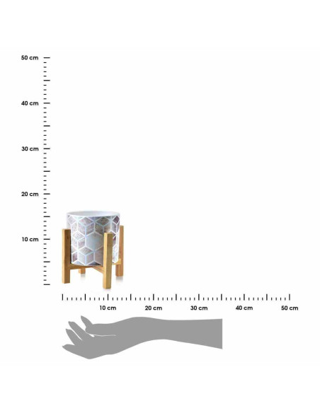 Doniczka Ava Honeycomb Grey Stones Zdobiona, wykonana z ceramiki, stojak drewniany, wysokość całkowita 16,5 cm
