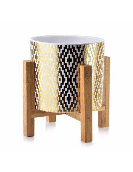 Doniczka Ava Diamond Gold Zdobiona, wykonana z ceramiki, stojak drewniany, wysokość całkowita 16,5 cm