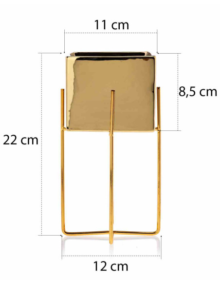 Doniczka Mizu Gold 23 cm Stelaż wykonany z metalu, osłonka wykonana z ceramiki. Wymiary: 12x12x23 cm.