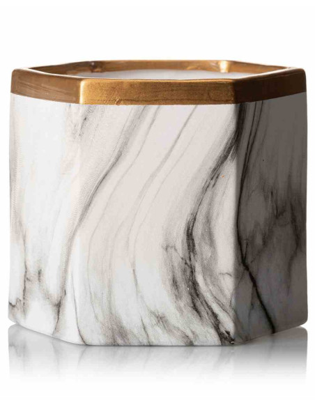 Doniczka Sona Marbling 14,5 cm Wykonana z ceramiki w kolorze białego marmuru ze złotym wykończeniem o średnicy 17 cm