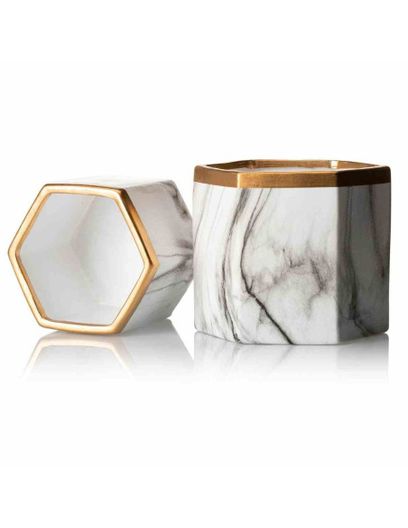 Doniczka Sona Marbling 12 cm Wykonana z ceramiki w kolorze białego marmuru ze złotym wykończeniem o średnicy 14 cm