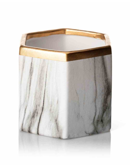 Doniczka Sona Marbling 10 cm Wykonana z ceramiki w kolorze białego marmuru ze złotym wykończeniem o średnicy 10 cm