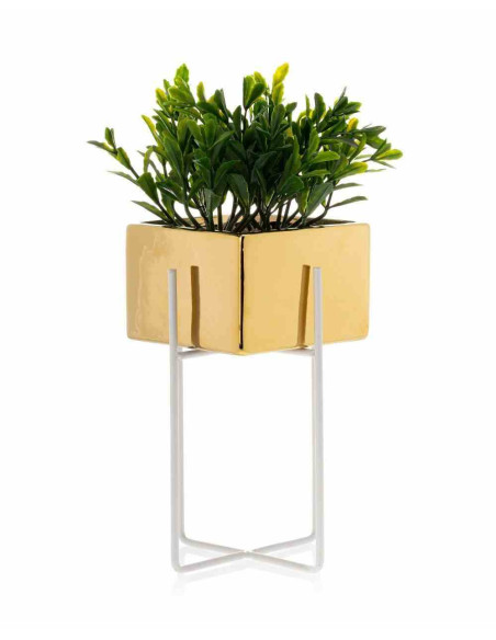 Doniczka Mizu Gold White 21 cm Stelaż wykonany z metalu, osłonka wykonana z ceramiki. Wymiary: 12x12x21 cm.