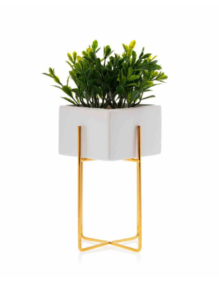 Doniczka Mizu White Gold 21 cm Stelaż wykonany z metalu, osłonka wykonana z ceramiki. Wymiary: 12x12x21 cm.